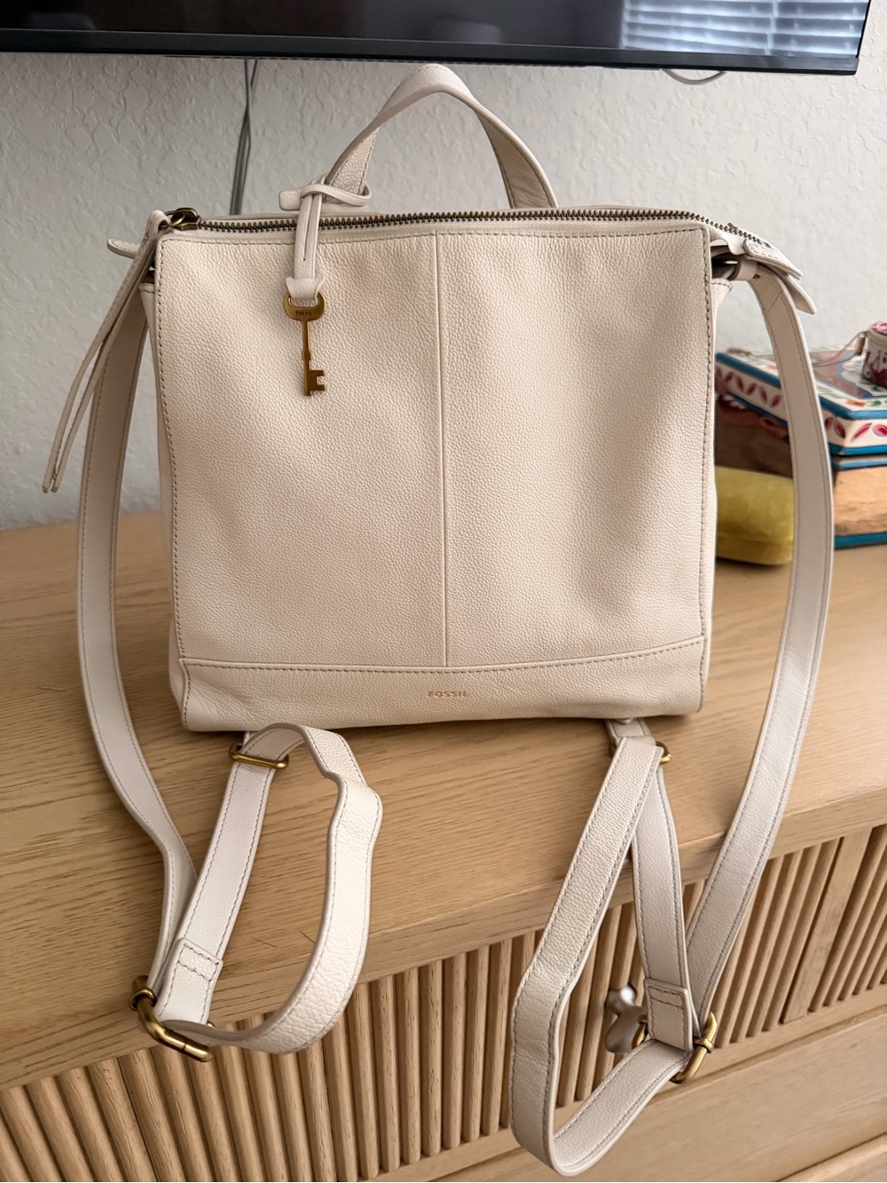 Fossil Cream Pebbled Leather Convertible Backpack Crossbody